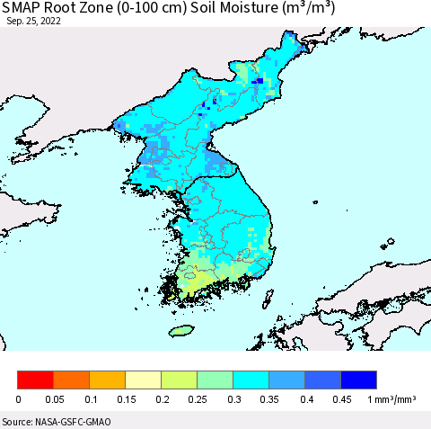 Korea SMAP Root Zone (0-100 cm) Soil Moisture (m³/m³) Thematic Map For 9/21/2022 - 9/25/2022
