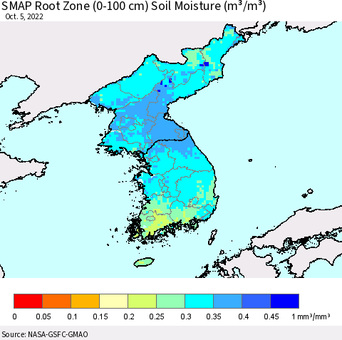Korea SMAP Root Zone (0-100 cm) Soil Moisture (m³/m³) Thematic Map For 10/1/2022 - 10/5/2022