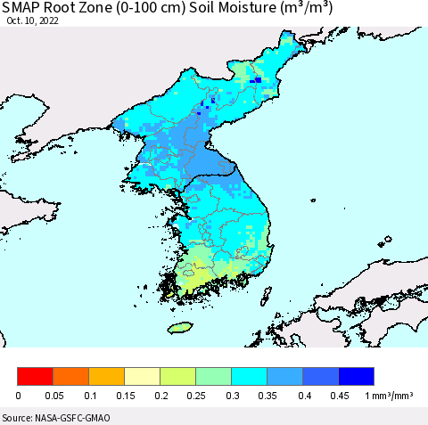 Korea SMAP Root Zone (0-100 cm) Soil Moisture (m³/m³) Thematic Map For 10/6/2022 - 10/10/2022