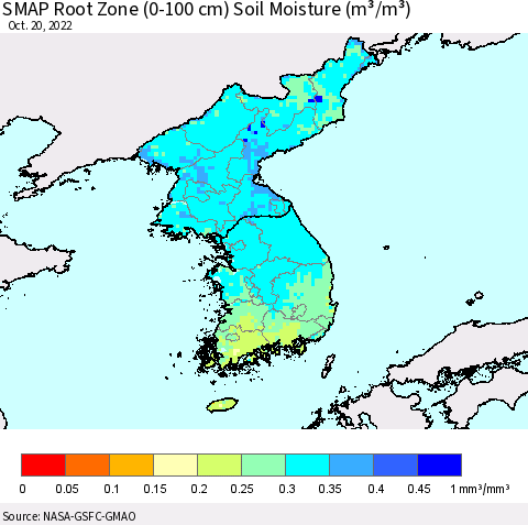 Korea SMAP Root Zone (0-100 cm) Soil Moisture (m³/m³) Thematic Map For 10/16/2022 - 10/20/2022