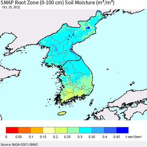 Korea SMAP Root Zone (0-100 cm) Soil Moisture (m³/m³) Thematic Map For 10/21/2022 - 10/25/2022