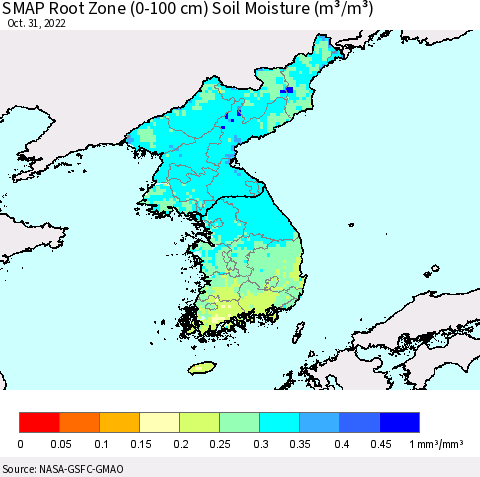 Korea SMAP Root Zone (0-100 cm) Soil Moisture (m³/m³) Thematic Map For 10/26/2022 - 10/31/2022