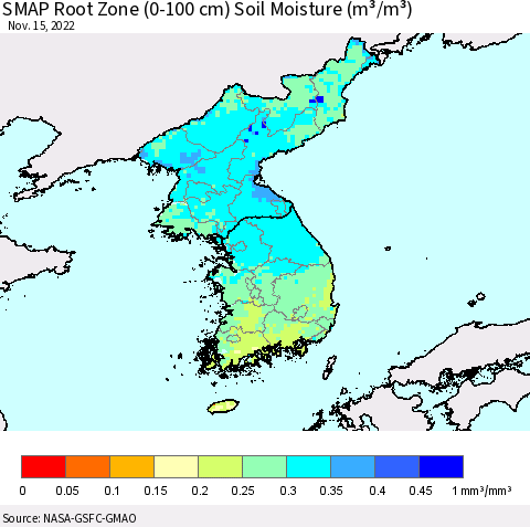 Korea SMAP Root Zone (0-100 cm) Soil Moisture (m³/m³) Thematic Map For 11/11/2022 - 11/15/2022