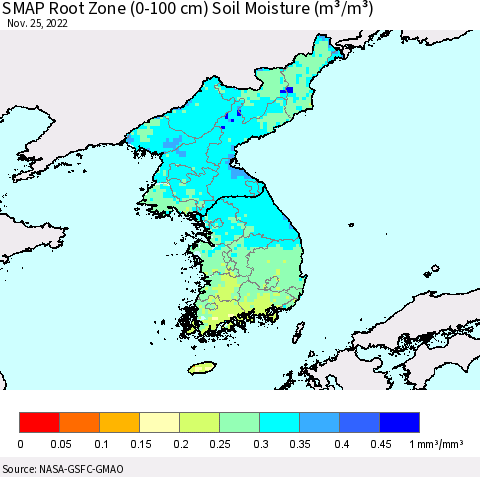 Korea SMAP Root Zone (0-100 cm) Soil Moisture (m³/m³) Thematic Map For 11/21/2022 - 11/25/2022