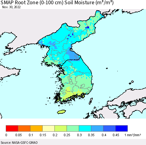 Korea SMAP Root Zone (0-100 cm) Soil Moisture (m³/m³) Thematic Map For 11/26/2022 - 11/30/2022