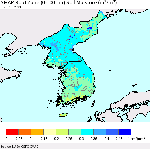 Korea SMAP Root Zone (0-100 cm) Soil Moisture (m³/m³) Thematic Map For 1/11/2023 - 1/15/2023