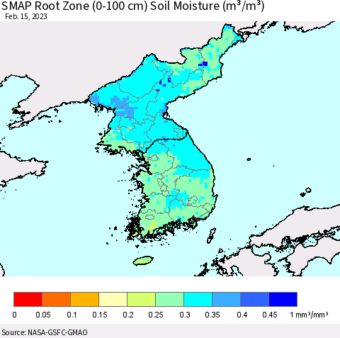 Korea SMAP Root Zone (0-100 cm) Soil Moisture (m³/m³) Thematic Map For 2/11/2023 - 2/15/2023