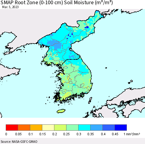 Korea SMAP Root Zone (0-100 cm) Soil Moisture (m³/m³) Thematic Map For 3/1/2023 - 3/5/2023