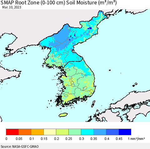 Korea SMAP Root Zone (0-100 cm) Soil Moisture (m³/m³) Thematic Map For 3/6/2023 - 3/10/2023
