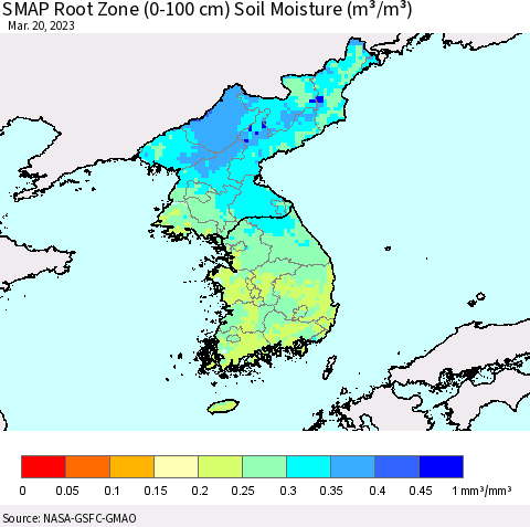 Korea SMAP Root Zone (0-100 cm) Soil Moisture (m³/m³) Thematic Map For 3/16/2023 - 3/20/2023