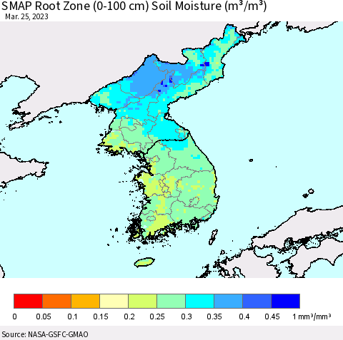 Korea SMAP Root Zone (0-100 cm) Soil Moisture (m³/m³) Thematic Map For 3/21/2023 - 3/25/2023