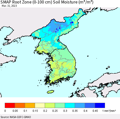 Korea SMAP Root Zone (0-100 cm) Soil Moisture (m³/m³) Thematic Map For 3/26/2023 - 3/31/2023