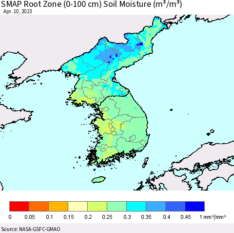 Korea SMAP Root Zone (0-100 cm) Soil Moisture (m³/m³) Thematic Map For 4/6/2023 - 4/10/2023