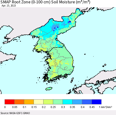 Korea SMAP Root Zone (0-100 cm) Soil Moisture (m³/m³) Thematic Map For 4/11/2023 - 4/15/2023