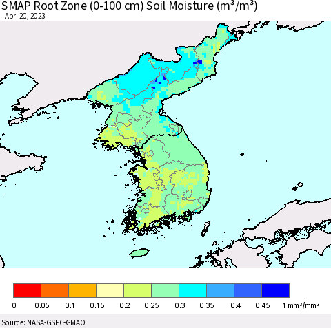 Korea SMAP Root Zone (0-100 cm) Soil Moisture (m³/m³) Thematic Map For 4/16/2023 - 4/20/2023