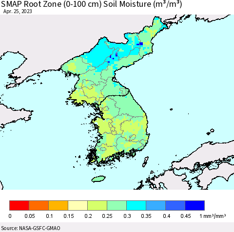 Korea SMAP Root Zone (0-100 cm) Soil Moisture (m³/m³) Thematic Map For 4/21/2023 - 4/25/2023