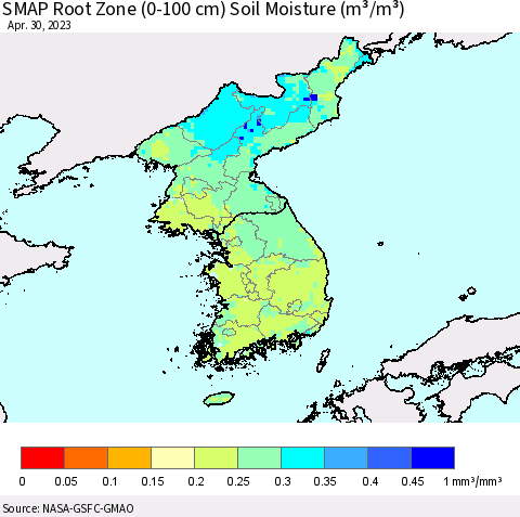 Korea SMAP Root Zone (0-100 cm) Soil Moisture (m³/m³) Thematic Map For 4/26/2023 - 4/30/2023