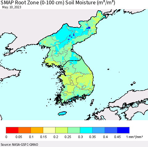 Korea SMAP Root Zone (0-100 cm) Soil Moisture (m³/m³) Thematic Map For 5/6/2023 - 5/10/2023