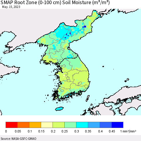 Korea SMAP Root Zone (0-100 cm) Soil Moisture (m³/m³) Thematic Map For 5/11/2023 - 5/15/2023