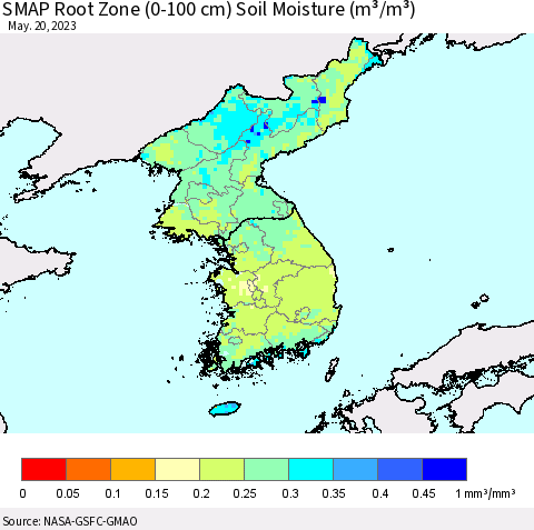 Korea SMAP Root Zone (0-100 cm) Soil Moisture (m³/m³) Thematic Map For 5/16/2023 - 5/20/2023