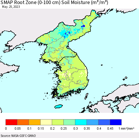 Korea SMAP Root Zone (0-100 cm) Soil Moisture (m³/m³) Thematic Map For 5/21/2023 - 5/25/2023