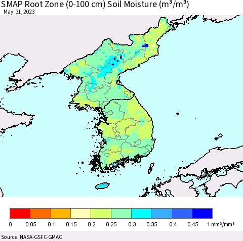 Korea SMAP Root Zone (0-100 cm) Soil Moisture (m³/m³) Thematic Map For 5/26/2023 - 5/31/2023