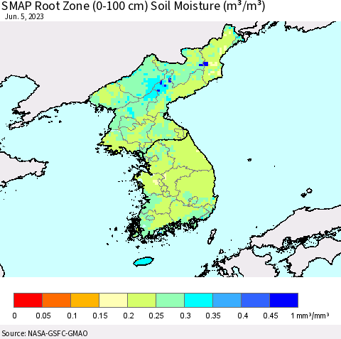 Korea SMAP Root Zone (0-100 cm) Soil Moisture (m³/m³) Thematic Map For 6/1/2023 - 6/5/2023