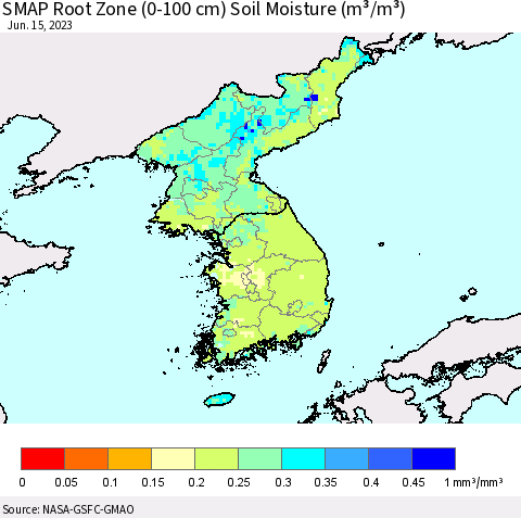 Korea SMAP Root Zone (0-100 cm) Soil Moisture (m³/m³) Thematic Map For 6/11/2023 - 6/15/2023
