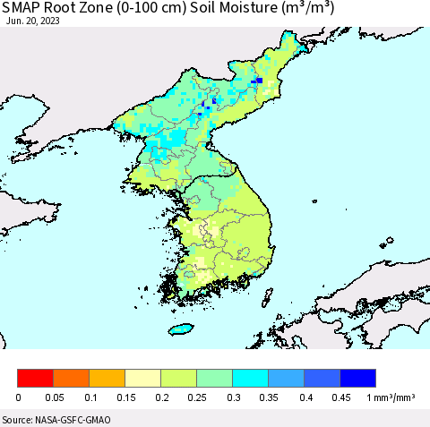 Korea SMAP Root Zone (0-100 cm) Soil Moisture (m³/m³) Thematic Map For 6/16/2023 - 6/20/2023