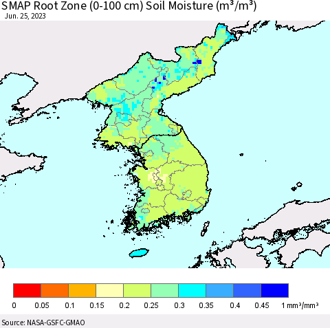 Korea SMAP Root Zone (0-100 cm) Soil Moisture (m³/m³) Thematic Map For 6/21/2023 - 6/25/2023