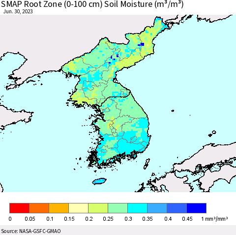 Korea SMAP Root Zone (0-100 cm) Soil Moisture (m³/m³) Thematic Map For 6/26/2023 - 6/30/2023