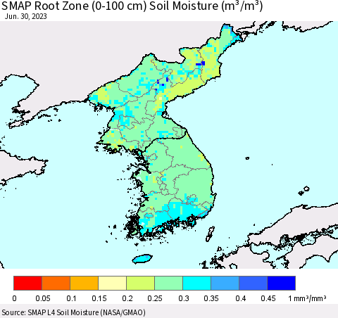 Korea SMAP Root Zone (0-100 cm) Soil Moisture (m³/m³) Thematic Map For 6/26/2023 - 6/30/2023