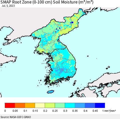 Korea SMAP Root Zone (0-100 cm) Soil Moisture (m³/m³) Thematic Map For 7/1/2023 - 7/5/2023