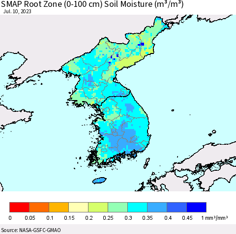 Korea SMAP Root Zone (0-100 cm) Soil Moisture (m³/m³) Thematic Map For 7/6/2023 - 7/10/2023