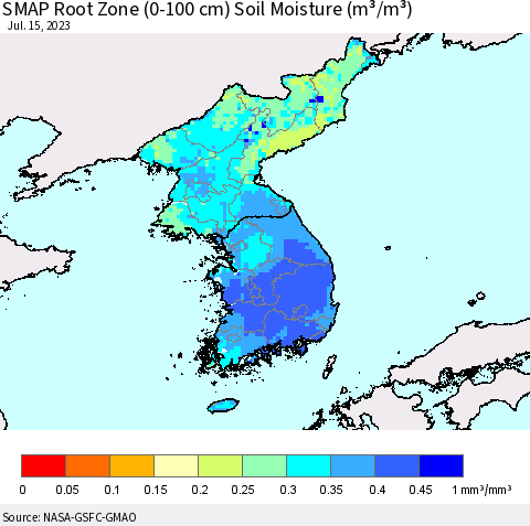 Korea SMAP Root Zone (0-100 cm) Soil Moisture (m³/m³) Thematic Map For 7/11/2023 - 7/15/2023