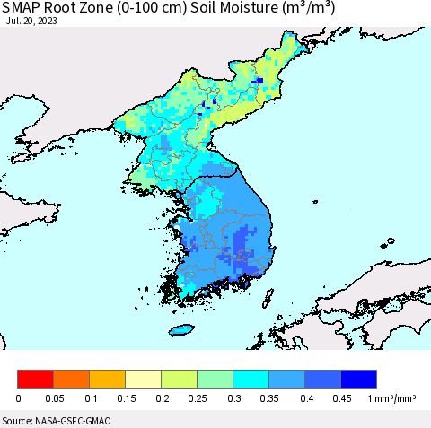 Korea SMAP Root Zone (0-100 cm) Soil Moisture (m³/m³) Thematic Map For 7/16/2023 - 7/20/2023