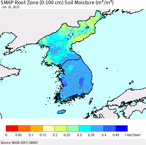 Korea SMAP Root Zone (0-100 cm) Soil Moisture (m³/m³) Thematic Map For 7/21/2023 - 7/25/2023