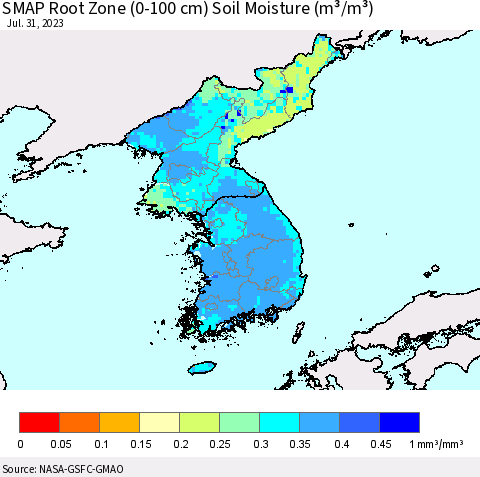 Korea SMAP Root Zone (0-100 cm) Soil Moisture (m³/m³) Thematic Map For 7/26/2023 - 7/31/2023