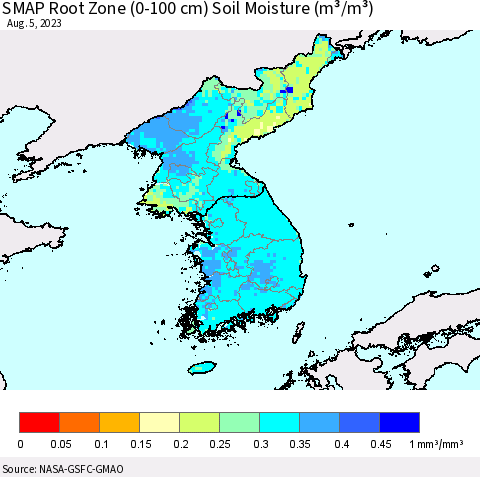 Korea SMAP Root Zone (0-100 cm) Soil Moisture (m³/m³) Thematic Map For 8/1/2023 - 8/5/2023