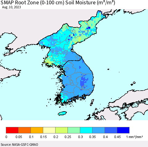 Korea SMAP Root Zone (0-100 cm) Soil Moisture (m³/m³) Thematic Map For 8/6/2023 - 8/10/2023