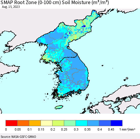 Korea SMAP Root Zone (0-100 cm) Soil Moisture (m³/m³) Thematic Map For 8/11/2023 - 8/15/2023