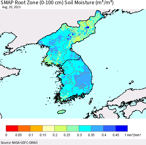 Korea SMAP Root Zone (0-100 cm) Soil Moisture (m³/m³) Thematic Map For 8/16/2023 - 8/20/2023