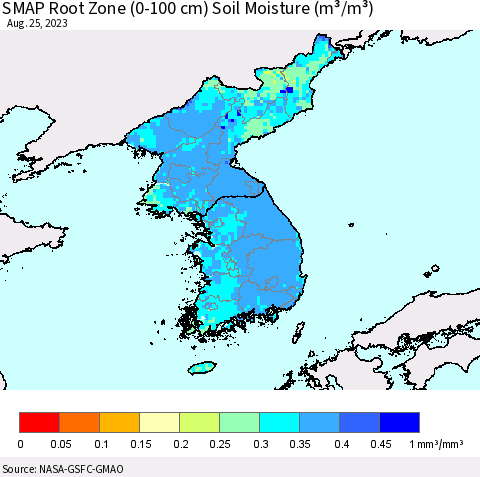 Korea SMAP Root Zone (0-100 cm) Soil Moisture (m³/m³) Thematic Map For 8/21/2023 - 8/25/2023