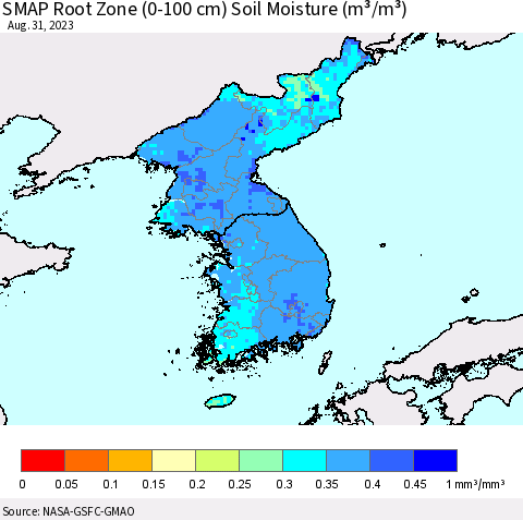 Korea SMAP Root Zone (0-100 cm) Soil Moisture (m³/m³) Thematic Map For 8/26/2023 - 8/31/2023
