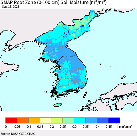 Korea SMAP Root Zone (0-100 cm) Soil Moisture (m³/m³) Thematic Map For 9/11/2023 - 9/15/2023