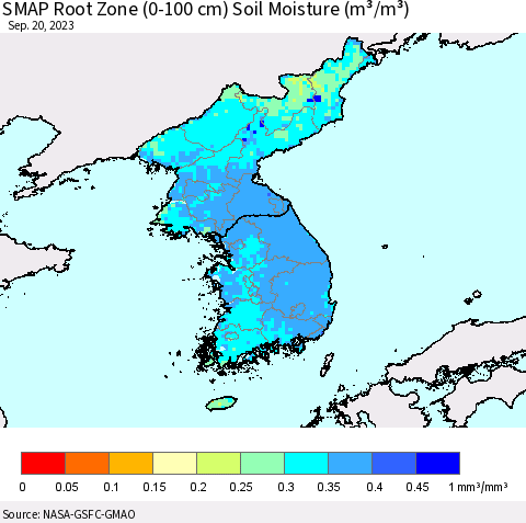 Korea SMAP Root Zone (0-100 cm) Soil Moisture (m³/m³) Thematic Map For 9/16/2023 - 9/20/2023