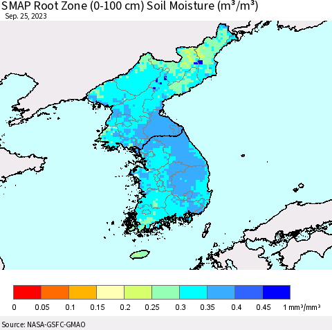 Korea SMAP Root Zone (0-100 cm) Soil Moisture (m³/m³) Thematic Map For 9/21/2023 - 9/25/2023