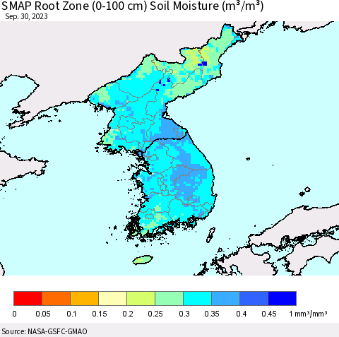 Korea SMAP Root Zone (0-100 cm) Soil Moisture (m³/m³) Thematic Map For 9/26/2023 - 9/30/2023