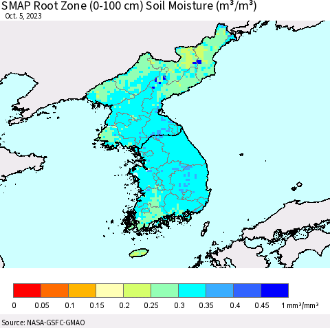 Korea SMAP Root Zone (0-100 cm) Soil Moisture (m³/m³) Thematic Map For 10/1/2023 - 10/5/2023