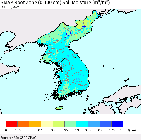 Korea SMAP Root Zone (0-100 cm) Soil Moisture (m³/m³) Thematic Map For 10/6/2023 - 10/10/2023